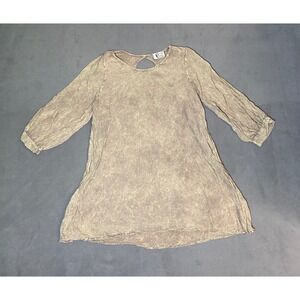Boho Indie Lagenlook Acid Wash Tunic Top Women Small Taupe Keyhole Back